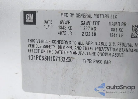 2012 Chevrolet Cruze Ls from USA, damaged, VIN 1G1PC5SH1C7183256